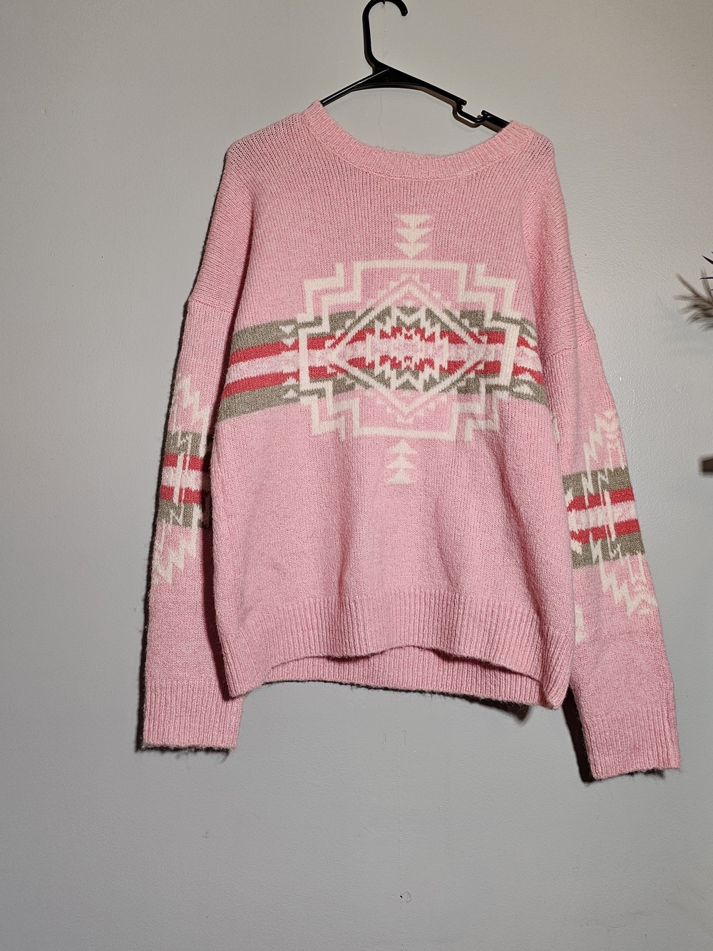 Altar'd State Pink Aztec-Inspired Crewneck Sweater with Cream & Olive Accents